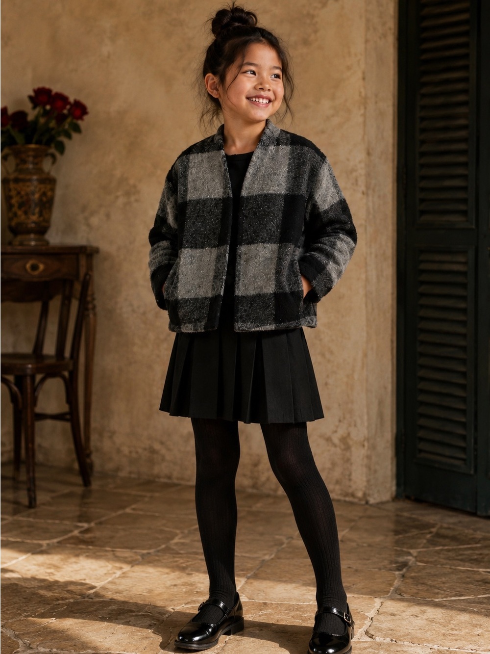 Zara Girls Black & Gray Plaid Pea Coat ~Size 7